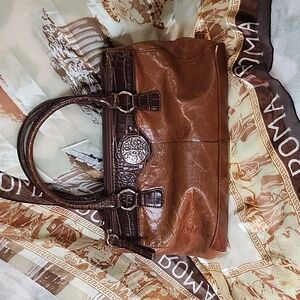 GIANI BERNINI BROWN LEATHER REPTILE EMBOSSED TRIM SATCHEL HANDBAG